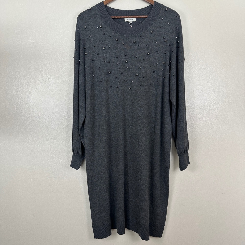 Umgee Women's Large Sweater Dress Gray Pearl Embellished Knit K7486
